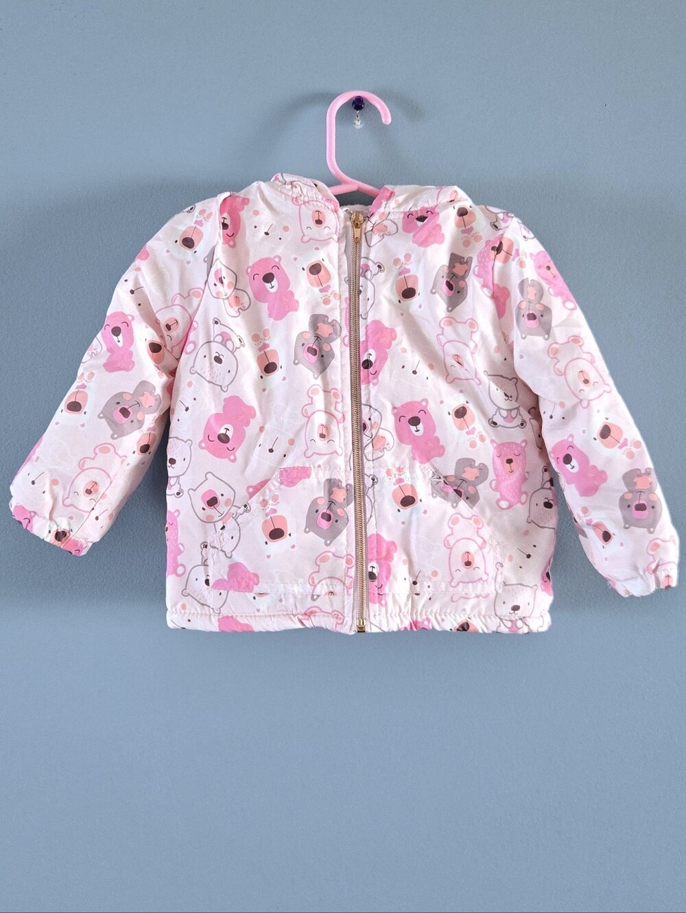 Pink Bear Print Plush Hooded Jacket 24m